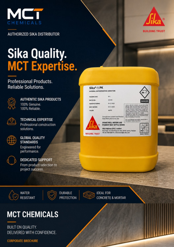 Sika-1 PK integral waterproofing admixture by Sika - liquid admixture for water resistant concrete and mortar, supplied by MCT Chemicals Pakistan