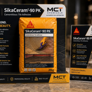 SikaCeram-90 PK cementitious tile adhesive by Sika - 20kg non-shrink polymer thin bed adhesive for interior and exterior floors and walls, supplied by MCT Chemicals Pakistan
