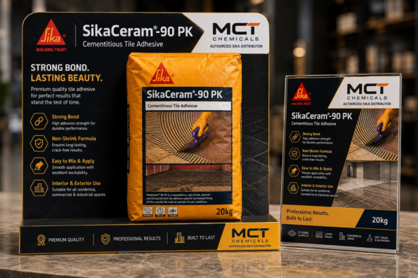SikaCeram-90 PK cementitious tile adhesive by Sika - 20kg non-shrink polymer thin bed adhesive for interior and exterior floors and walls, supplied by MCT Chemicals Pakistan