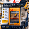 SikaCeram-90 PK cementitious tile adhesive on an MCT Chemicals and Sika retail display stand