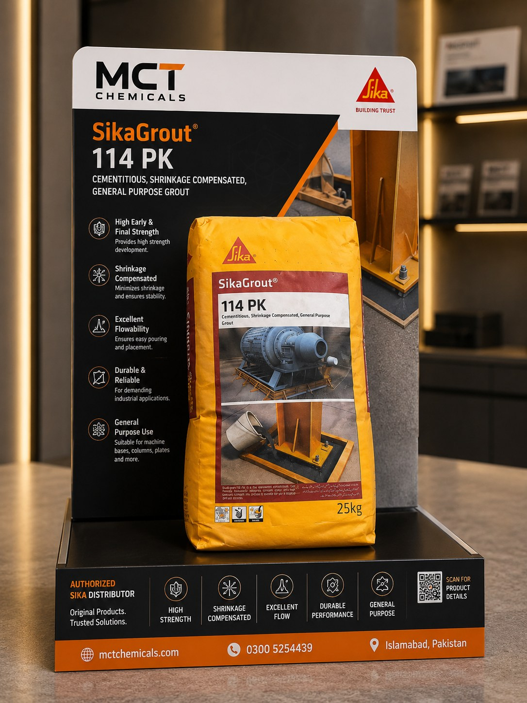 SikaGrout-114 PK cementitious shrinkage compensated grout by Sika - 25kg bag with high early and final strength and excellent flowability for machine bases, columns and base plates, supplied by MCT Chemicals Pakistan