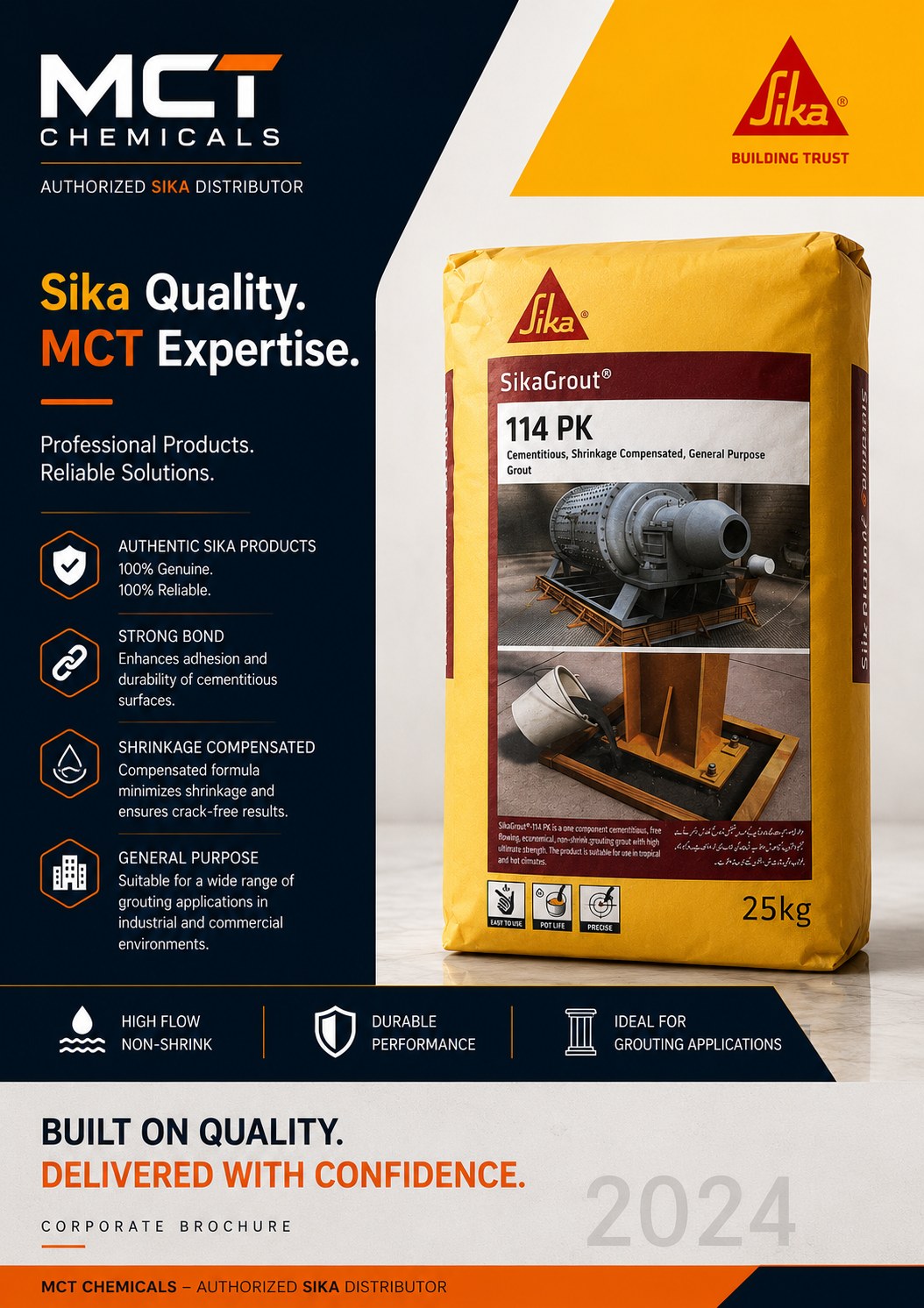 SikaGrout-114 PK 25kg bag by Sika - one component cementitious free flowing non-shrink grouting mortar with high ultimate strength for tropical and hot climates, supplied by MCT Chemicals Pakistan