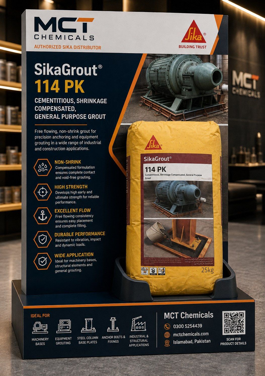 SikaGrout-114 PK non-shrink cementitious grout by Sika - 25kg high strength free flowing grout for machinery bases, steel column base plates and anchor bolt fixings, supplied by MCT Chemicals Pakistan