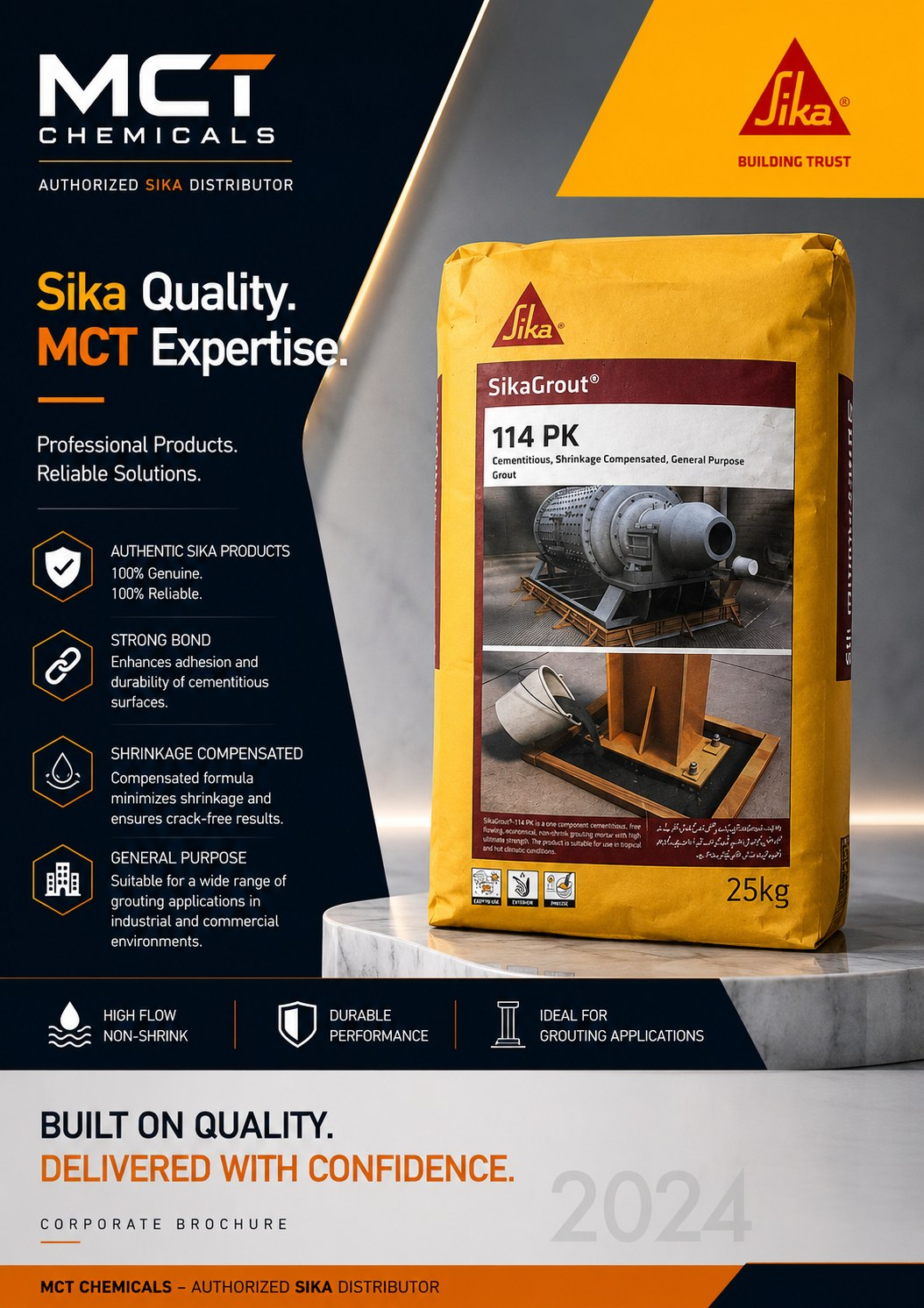 SikaGrout-114 PK cementitious shrinkage compensated general purpose grout by Sika - 25kg free flowing non-shrink grouting mortar for machine bases and base plates, supplied by MCT Chemicals Pakistan