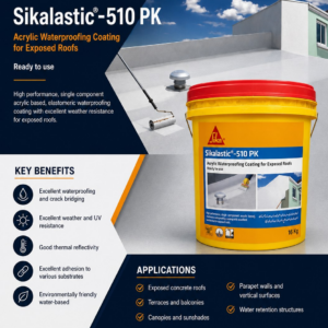 Sikalastic-510 PK acrylic waterproofing coating by Sika - 16kg ready to use elastomeric membrane with crack bridging and UV resistance for exposed concrete roofs, terraces and parapet walls, supplied by MCT Chemicals Pakistan