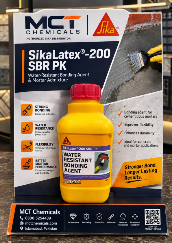 SikaLatex-200 SBR PK water resistant bonding agent by Sika - styrene butadiene rubber admixture that improves adhesion, flexibility and durability of cementitious mortars, supplied by MCT Chemicals Pakistan