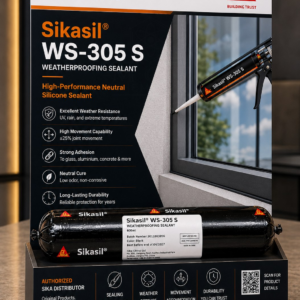 Sikasil WS-305 S black weatherproofing sealant by Sika - neutral cure silicone with plus minus 25 percent joint movement for glass, aluminium and concrete facades, supplied by MCT Chemicals Pakistan