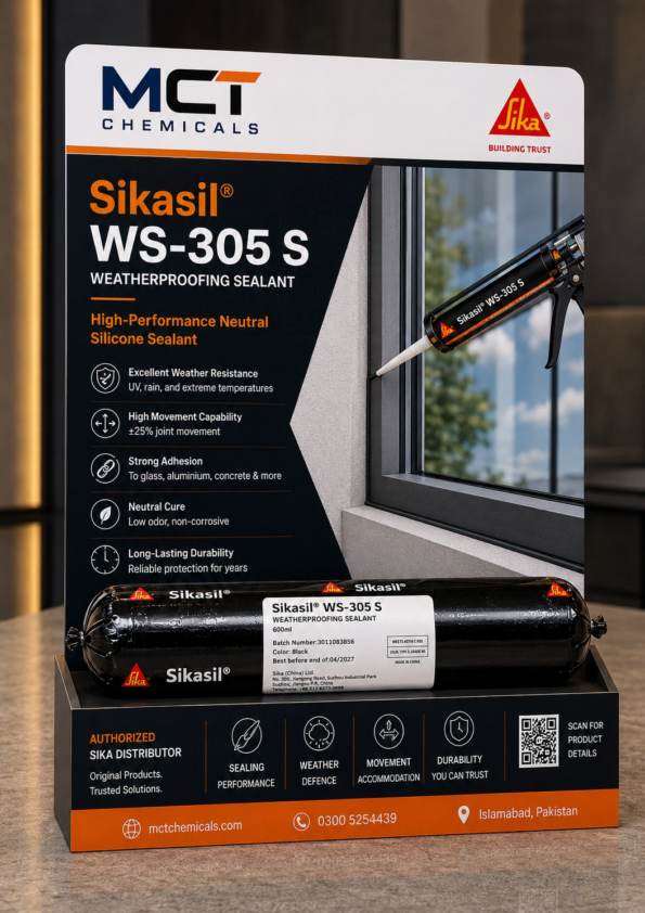Sikasil WS-305 S black weatherproofing sealant by Sika - neutral cure silicone with plus minus 25 percent joint movement for glass, aluminium and concrete facades, supplied by MCT Chemicals Pakistan