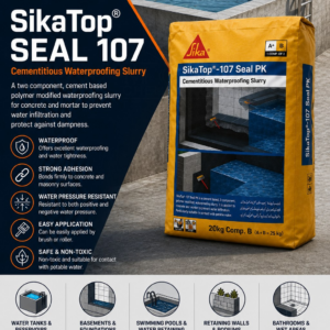 SikaTop-107 Seal PK cementitious waterproofing slurry by Sika - two component polymer modified slurry for water tanks, basements, swimming pools and wet areas, supplied by MCT Chemicals Pakistan